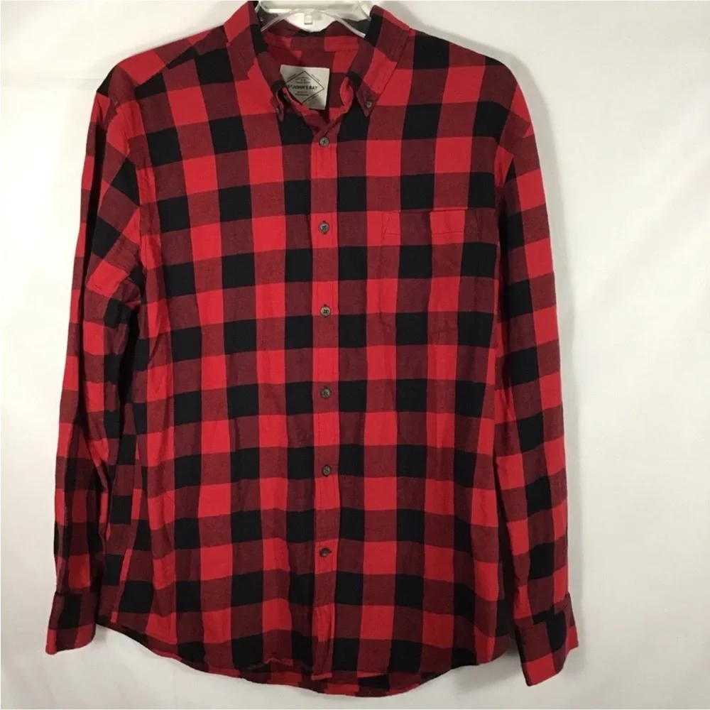 Red Black Buffalo Check Plaid Flannel Shirt Large